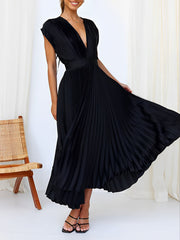 Elegant Deep V Neck Cap Sleeves Luxe Satin Pleated Midi Office Dress