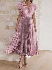 Elegant Deep V Neck Cap Sleeves Luxe Satin Pleated Midi Office Dress