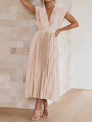 Elegant Deep V Neck Cap Sleeves Luxe Satin Pleated Midi Office Dress