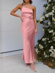 One Shoulder Spaghetti Strap Backless Satin Dress