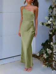 One Shoulder Spaghetti Strap Backless Satin Dress