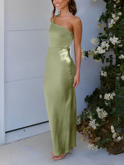 One Shoulder Spaghetti Strap Backless Satin Dress
