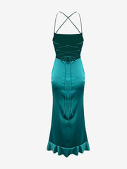 Spaghetti Strap Backless Lace-Up Ruffled Slit Dress