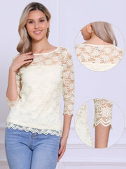 Floral Lace Sheer 3/4 Sleeve Boat Neck Blouse