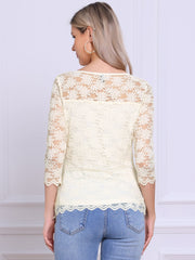 Floral Lace Sheer 3/4 Sleeve Boat Neck Blouse