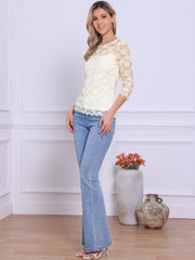Floral Lace Sheer 3/4 Sleeve Boat Neck Blouse