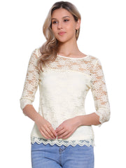 Floral Lace Sheer 3/4 Sleeve Boat Neck Blouse