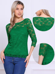 Floral Lace Sheer 3/4 Sleeve Boat Neck Blouse