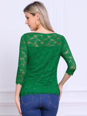 Floral Lace Sheer 3/4 Sleeve Boat Neck Blouse