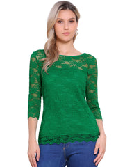 Floral Lace Sheer 3/4 Sleeve Boat Neck Blouse
