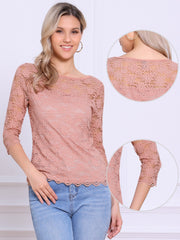 Floral Lace Sheer 3/4 Sleeve Boat Neck Blouse