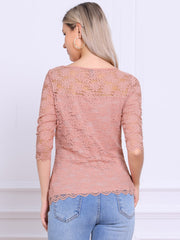 Floral Lace Sheer 3/4 Sleeve Boat Neck Blouse