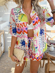 2 Pieces Graphic Printed Short Sleeves Shirt & Shorts Beach Set