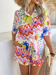 2 Pieces Graphic Printed Short Sleeves Shirt & Shorts Beach Set