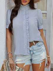Striped Ruffled Mock Neck Puff Short Sleeves Blouse