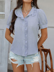 Striped Ruffled Mock Neck Puff Short Sleeves Blouse