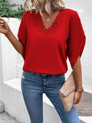 V Neck Lace Trim Trumpet Sleeve Loose Fit Blouse