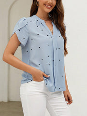 Notch Neck Heart Print Short Sleeves Blouse