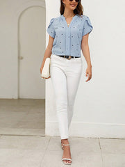 Notch Neck Heart Print Short Sleeves Blouse