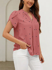 Notch Neck Heart Print Short Sleeves Blouse