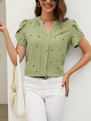 Notch Neck Heart Print Short Sleeves Blouse