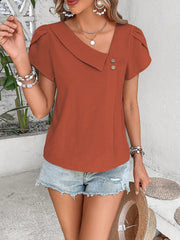 Irregular Neck Solid Color Short Sleeves Blouse