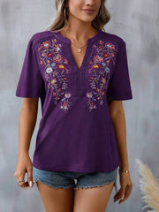 Embroidery Notch Neck Short Sleeves Casual Blouse