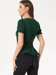 Sweetheart Neck Puff Short Sleeve Lace Up Gothic Blouse