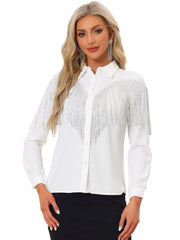 Glitter Fringe Long Sleeve Button Down Disco Party Cowgirl Blouse