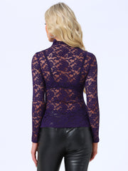 See Through Long Sleeve Turtleneck Sheer Floral Lace Blouse