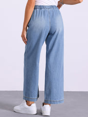 Casual Denim Pants Drawstring Elastic Waist Wide Legs Jeans