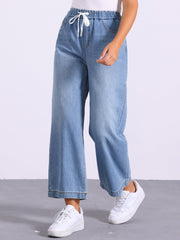 Casual Denim Pants Drawstring Elastic Waist Wide Legs Jeans