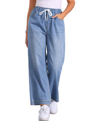 Casual Denim Pants Drawstring Elastic Waist Wide Legs Jeans