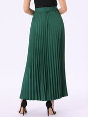 Flowy Pleated Elastic High Waist Belted Swing A-line Maxi Skirt