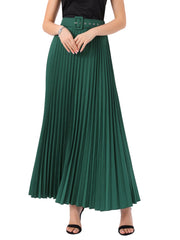 Flowy Pleated Elastic High Waist Belted Swing A-line Maxi Skirt