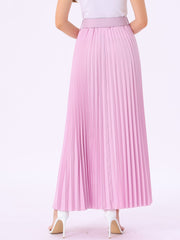 Flowy Pleated Elastic High Waist Belted Swing A-line Maxi Skirt