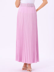 Flowy Pleated Elastic High Waist Belted Swing A-line Maxi Skirt