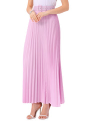 Flowy Pleated Elastic High Waist Belted Swing A-line Maxi Skirt