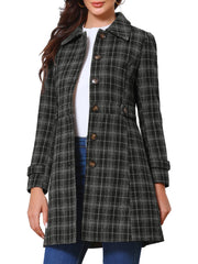 Single Breasted Plaid Long Sleeves Pocketed Pea Coat