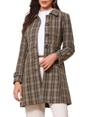 Single Breasted Plaid Long Sleeves Pocketed Pea Coat