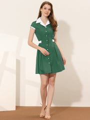 Retro Button Down Flat Collar Belted Office Mini Shirt Dress