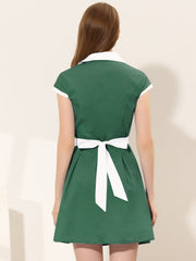 Retro Button Down Flat Collar Belted Office Mini Shirt Dress
