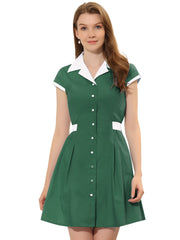 Retro Button Down Flat Collar Belted Office Mini Shirt Dress