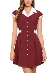 Retro Button Down Flat Collar Belted Office Mini Shirt Dress