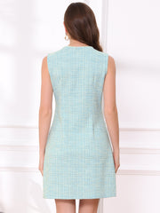 Tweed Plaid Sleeveless Pockets Zipper Work Dress