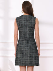 Tweed Plaid Sleeveless Pockets Zipper Work Dress