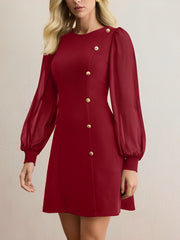 Classic Round Neck with Timeless Button Front Long Sleeve A-Line Casual Dress