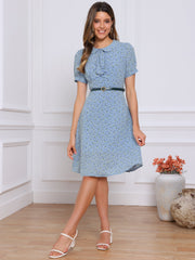 Peter Pan Collar Tie Neck Short Sleeve A-Line Belted Floral Dress