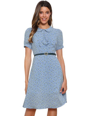 Peter Pan Collar Tie Neck Short Sleeve A-Line Belted Floral Dress