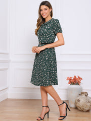 Peter Pan Collar Tie Neck Short Sleeve A-Line Belted Floral Dress